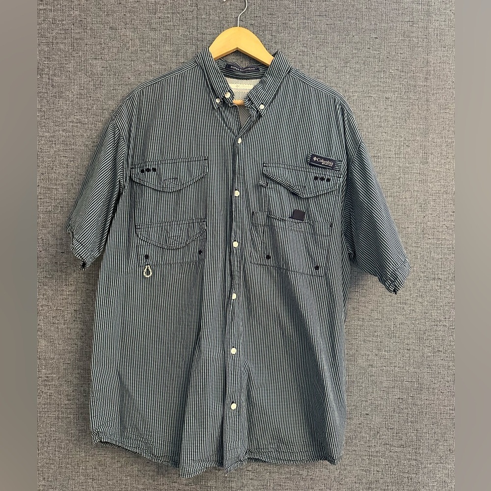 Columbia Men's Green and Blue Gingham PFG Fishing Shirt Size Large
